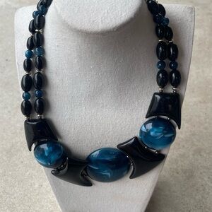 Vintage statement necklace a chunky black marbled blue lucite beads 1980’s